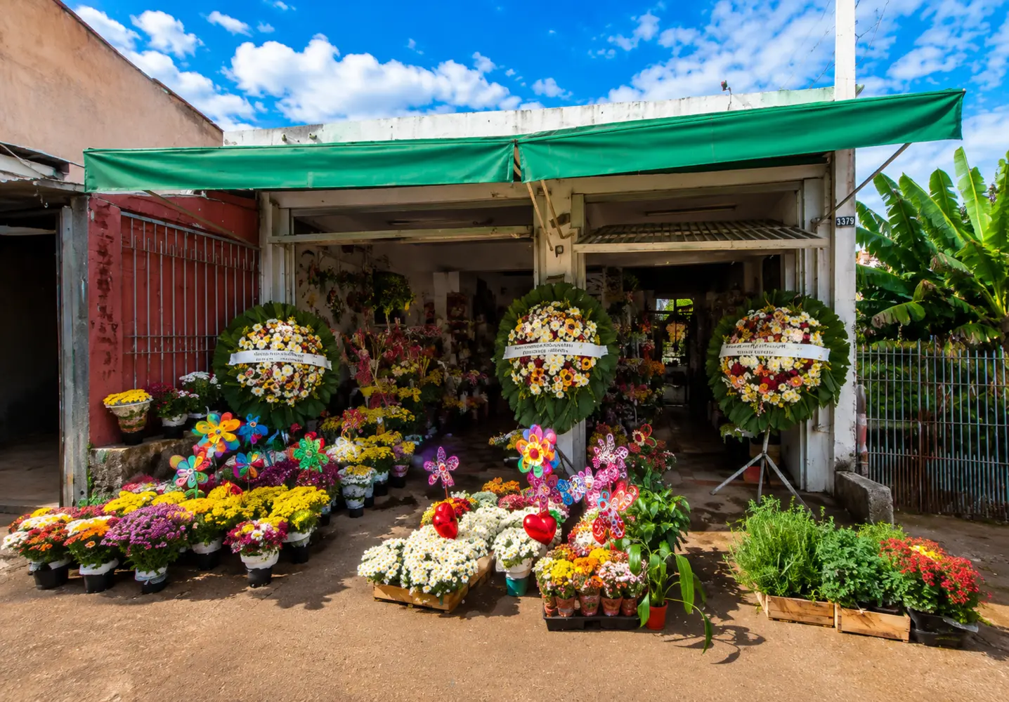 Fachada da Floricultura Mariza com flores e coroas expostas