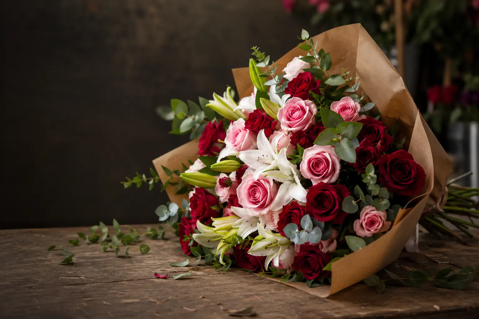 Buquê de rosas vermelhas e cor-de-rosa com lírios brancos